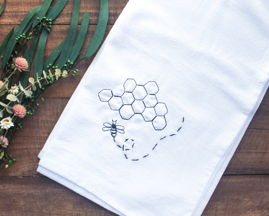 Flour Sack Embroidered Bee Tea Towel